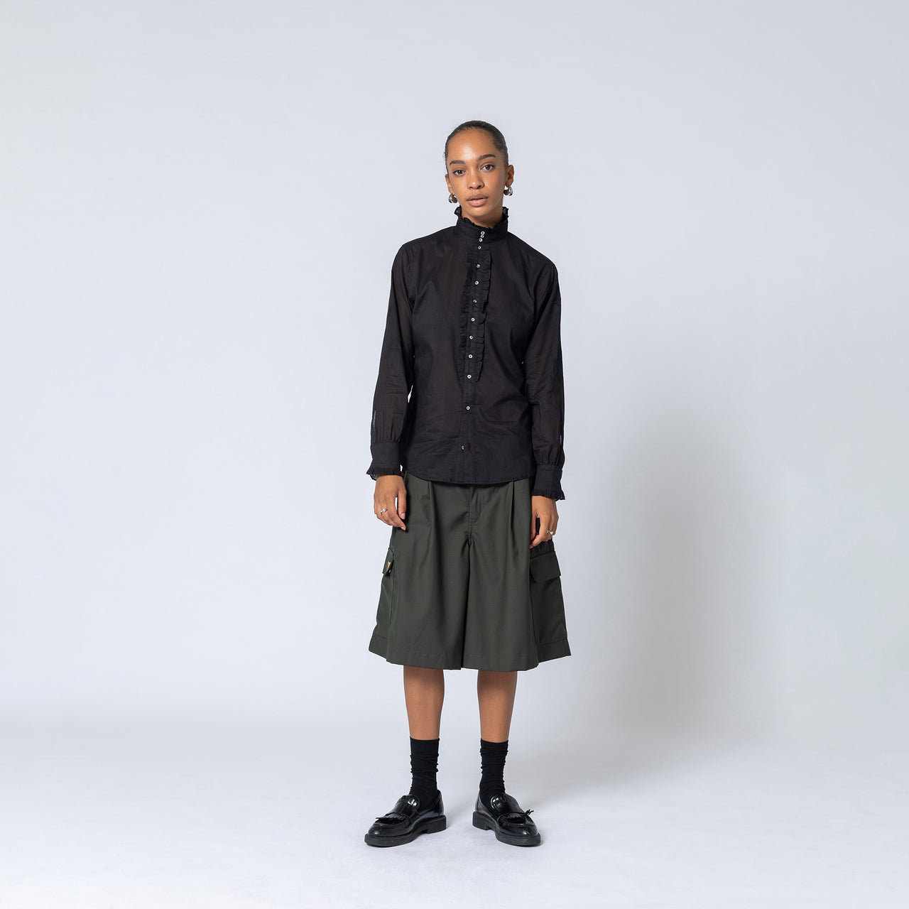 BLACK PINTUCK RUFFLE SHIRT