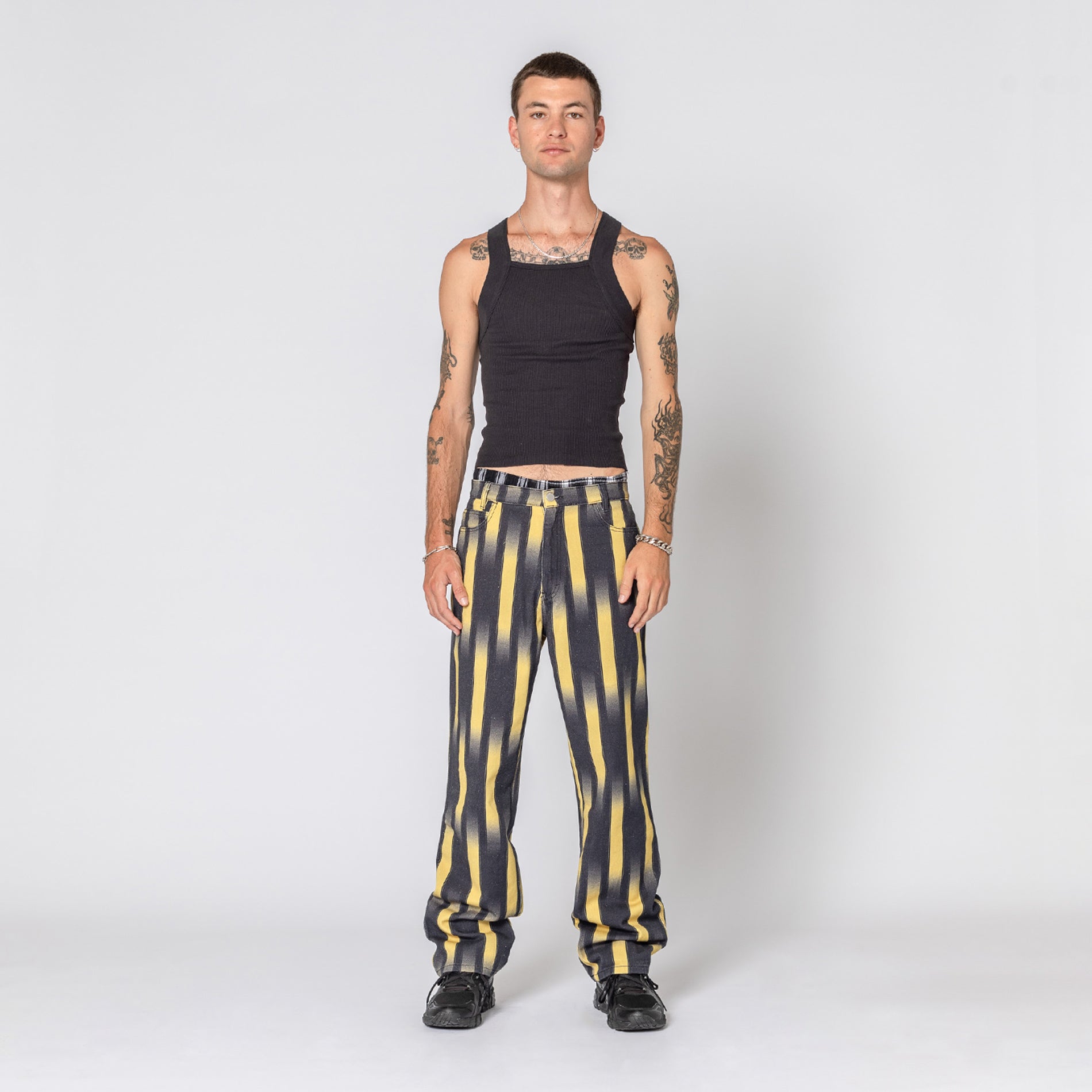 Mens black pants on sale with gold stripe